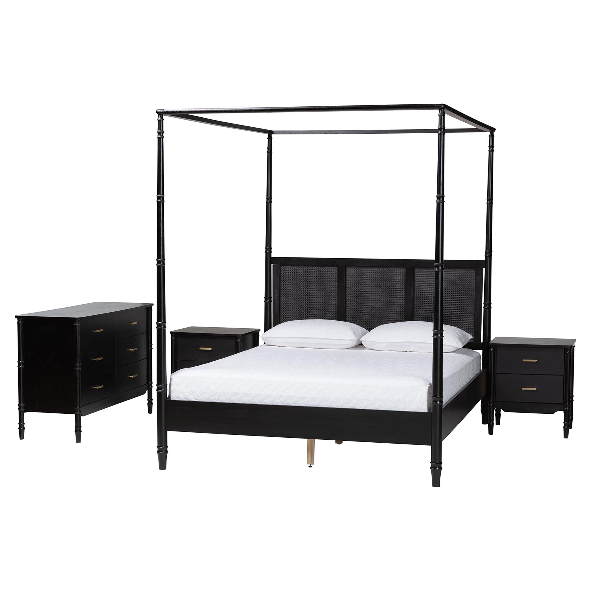 Baxton Studio Marisela 4-Piece Black Bedroom Set - Canopy Bed with Synthetic Rattan Headboard, Matching Dresser and Two Nightstands, Modern Transitional Wood Bedroom Furniture Collection, King